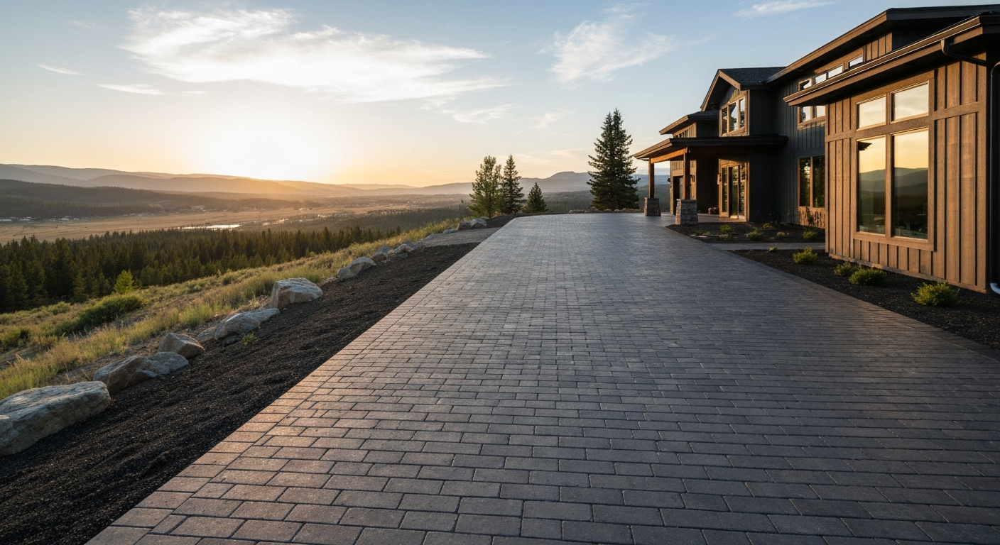 Paver driveway sealing closing CTA background, sealed driveway leading to a Flathead Valley mountain home at golden hour