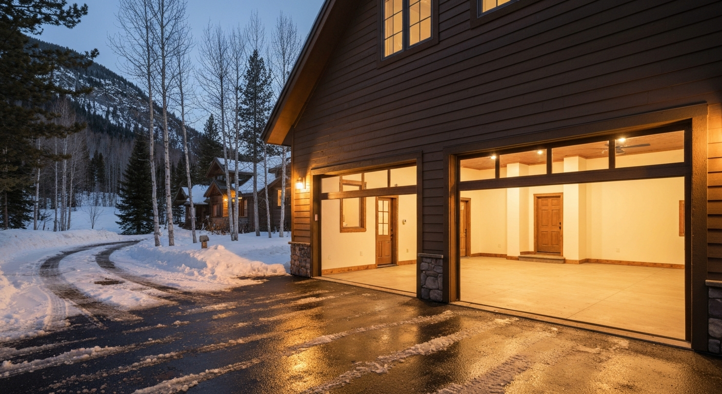 Evening shot of a mountain home with its double garage door open, warm light spilling across a glossy flake-coated floor