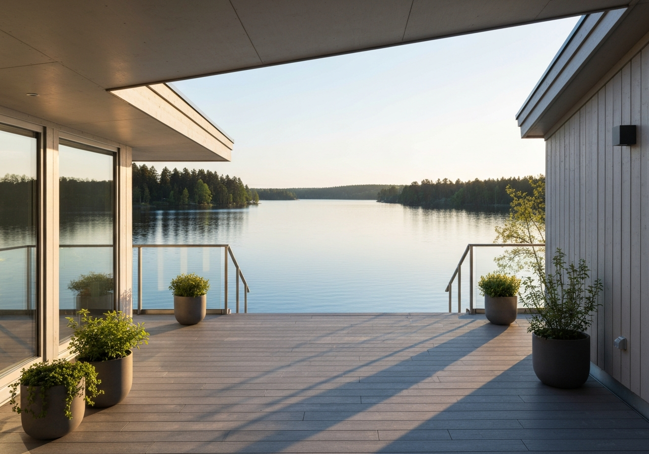 Coated walk-out terrace overlooking the lake