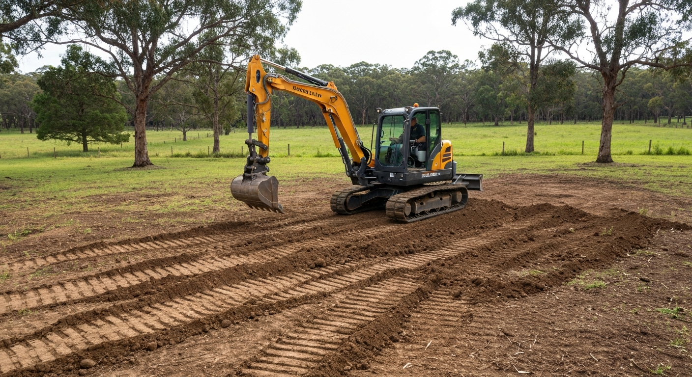Compact excavator grading a rural acreage lot