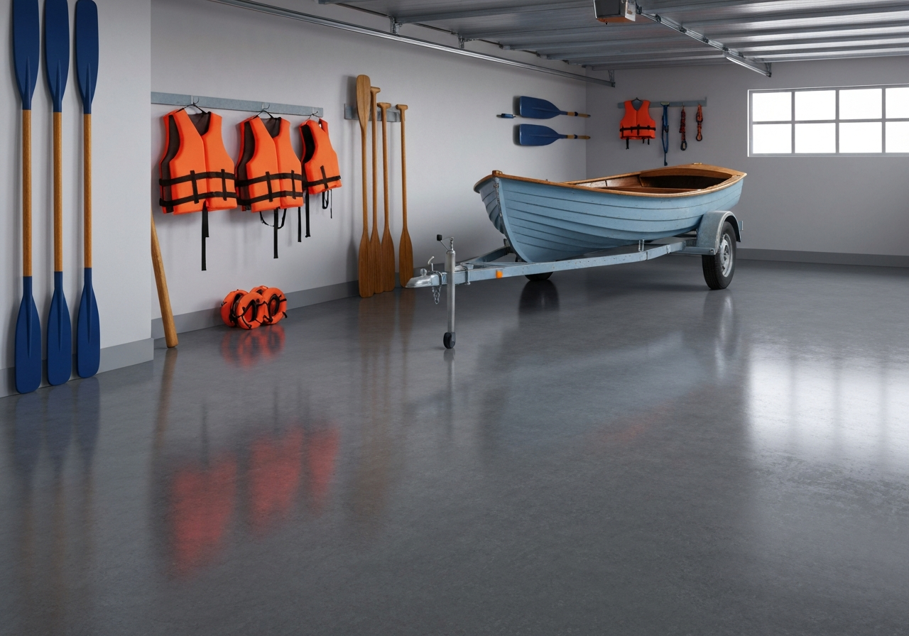 Fresh gray flake coating going down over repaired concrete floor