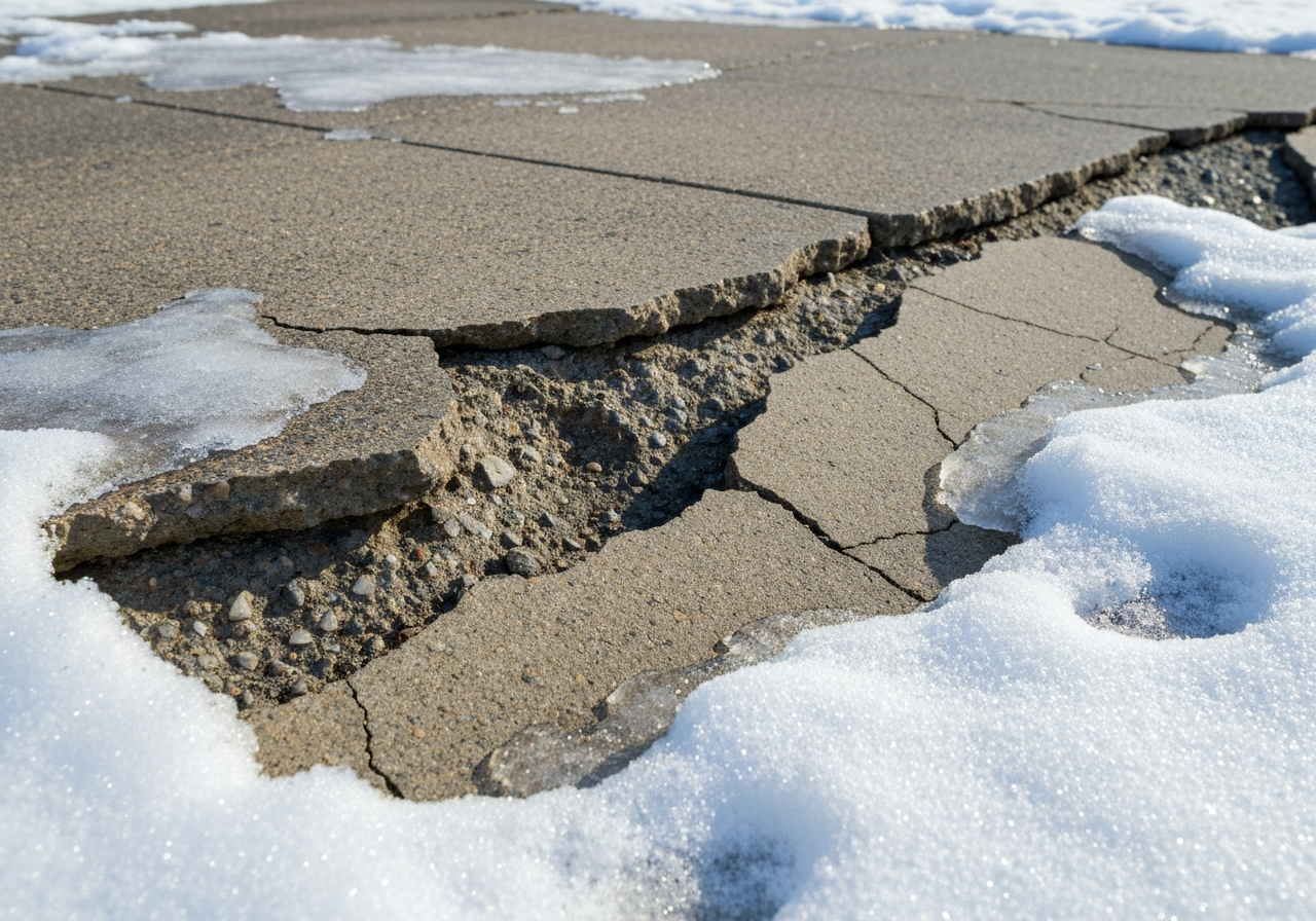 Spalled and pitted concrete driveway edge with flaking surface layers