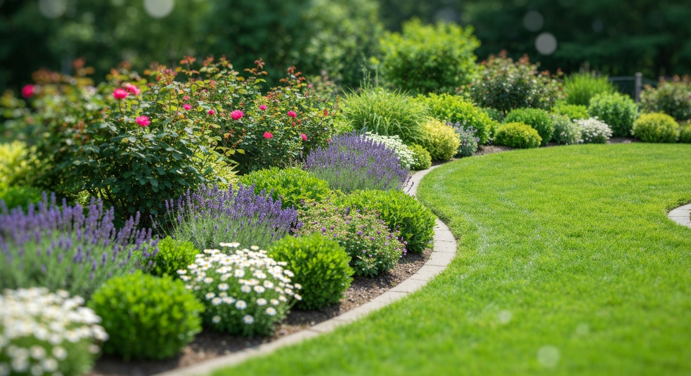 Finished Flathead Valley landscaped yard with mixed lawn and beds