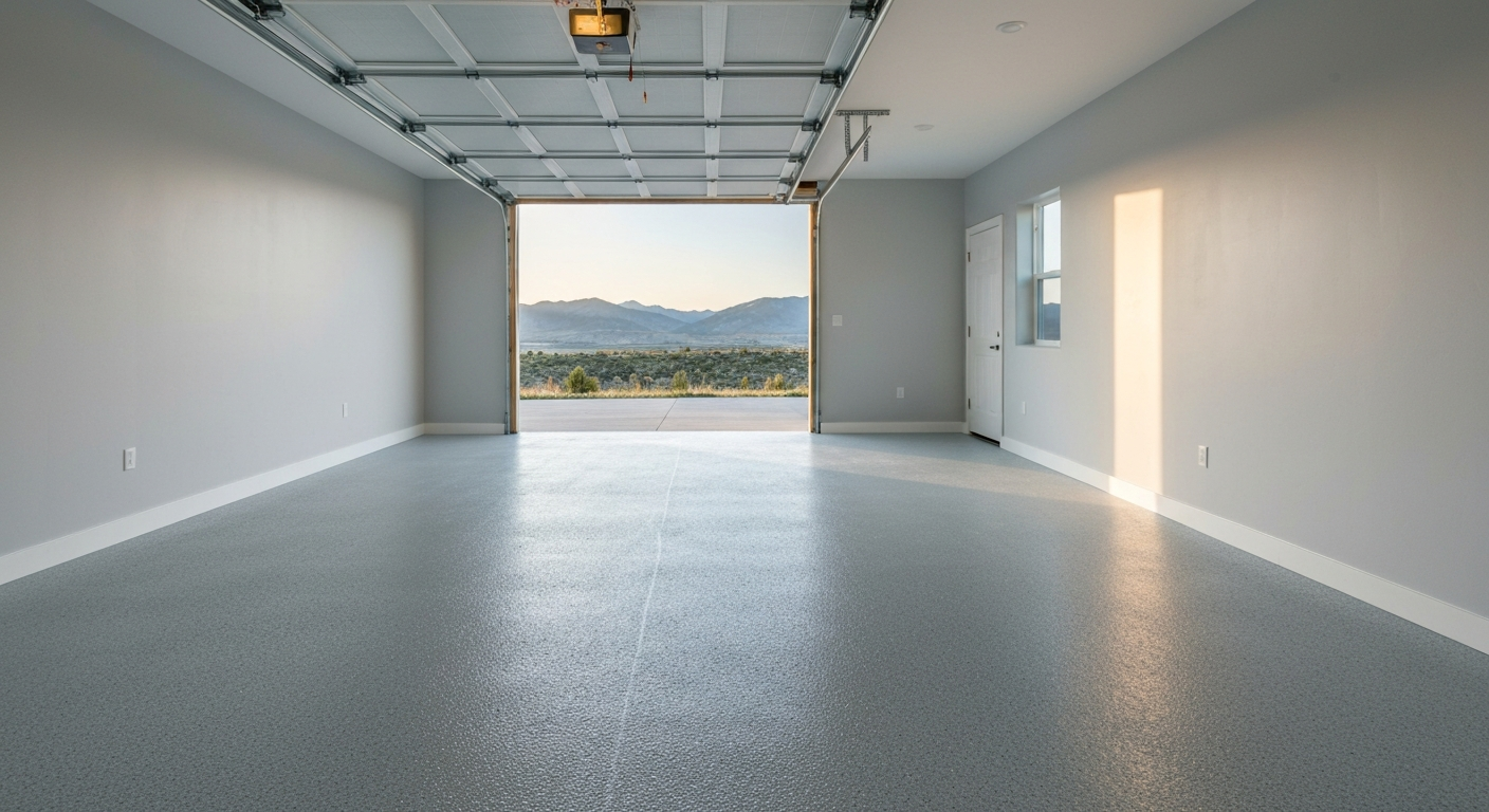 Clean two-car garage interior with a freshly coated light-gray flake floor, overhead door open to Montana mountains