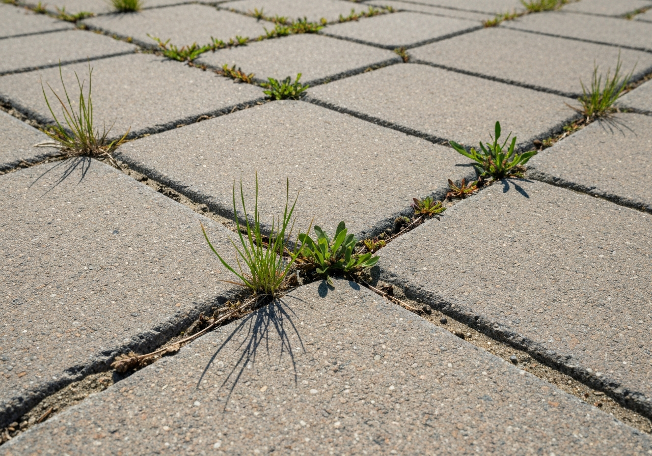 Close-up of Polson paver joints with joint-sand washout, weeds, and fading visible near Flathead Lake south shore