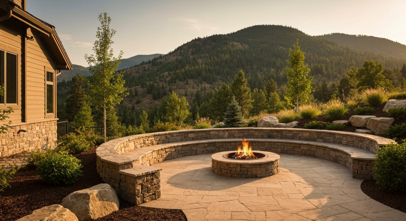 Stone walkway, seating wall, and fire-pit area in a mountain-home yard