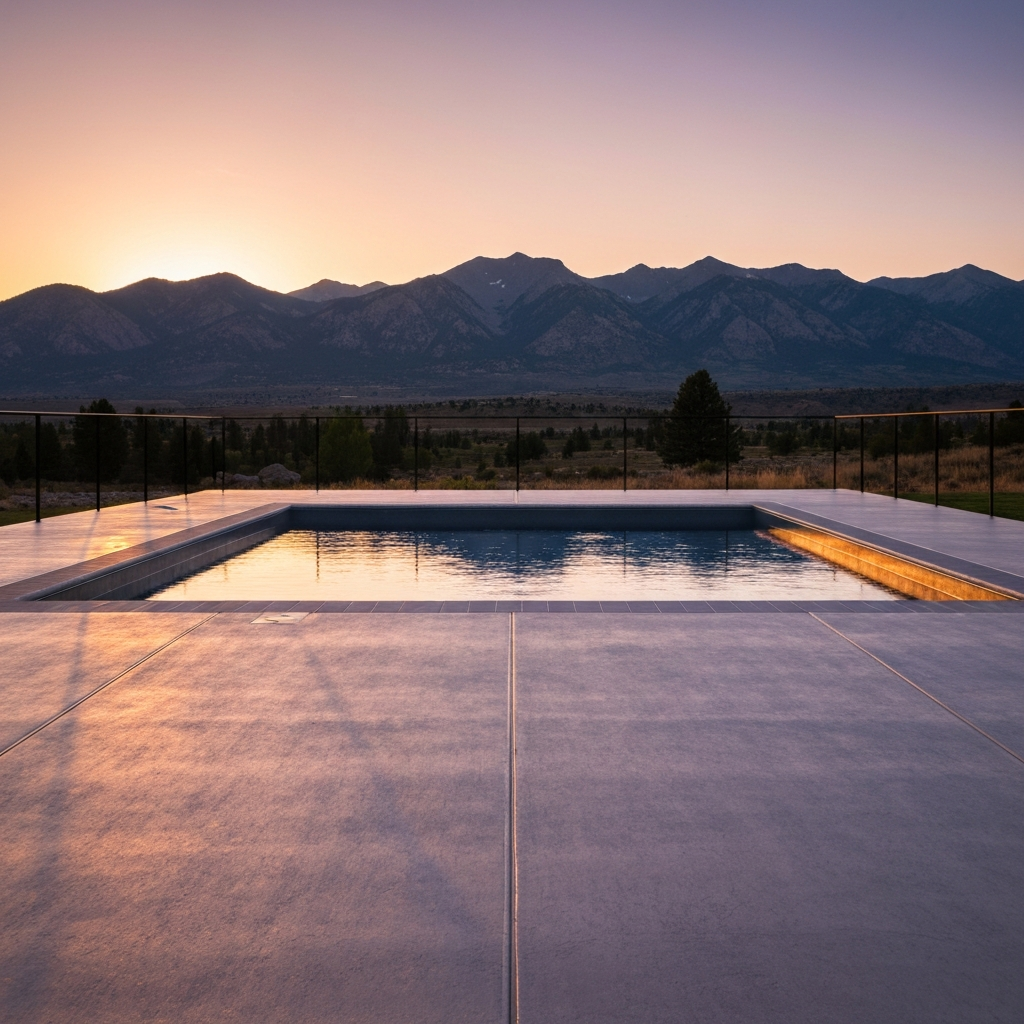 Finished coated concrete pool deck at golden hour, Montana mountains in background