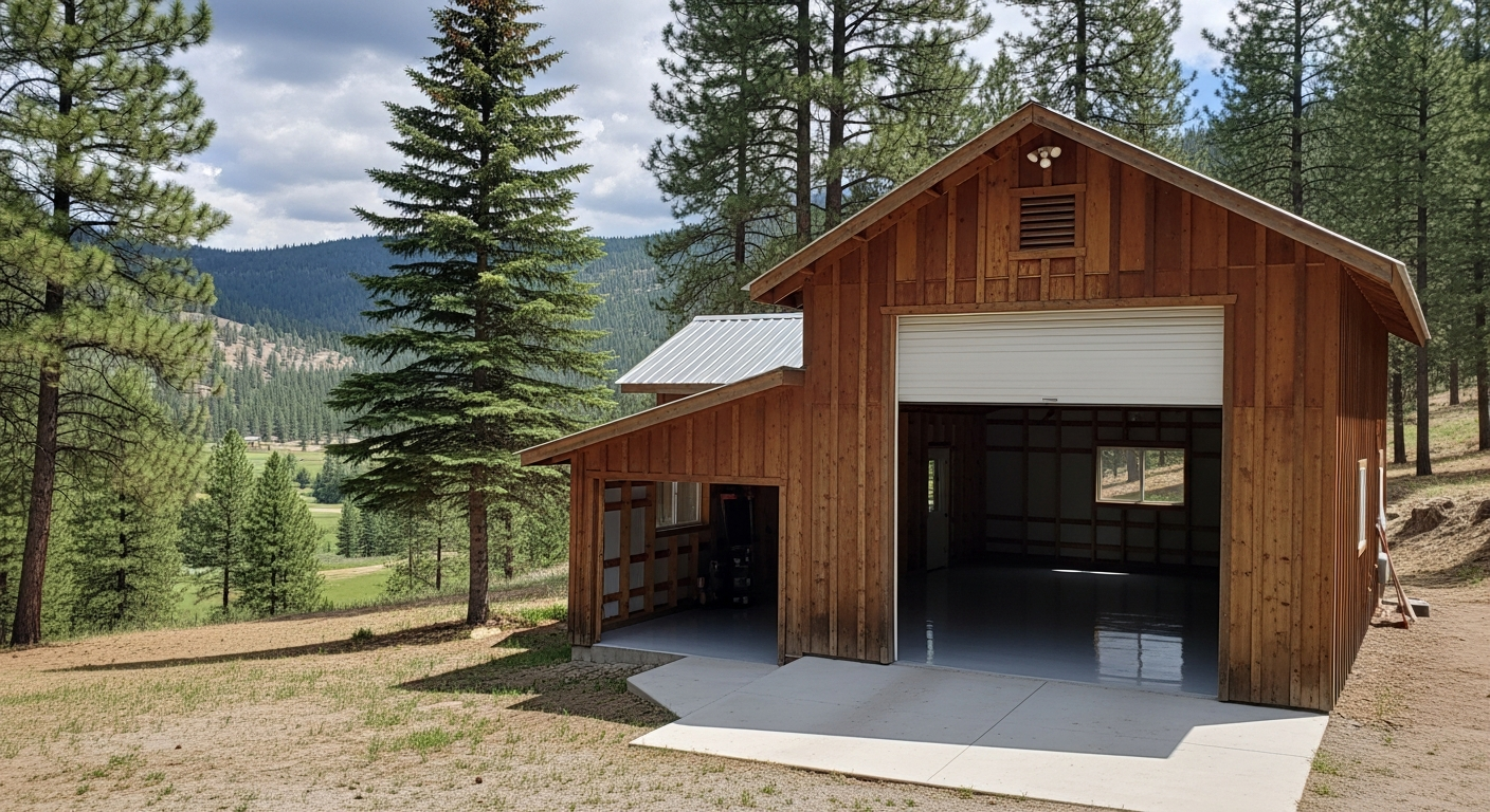 Rural Marion, MT — shop or garage with freshly coated floor, forested west-valley Montana setting