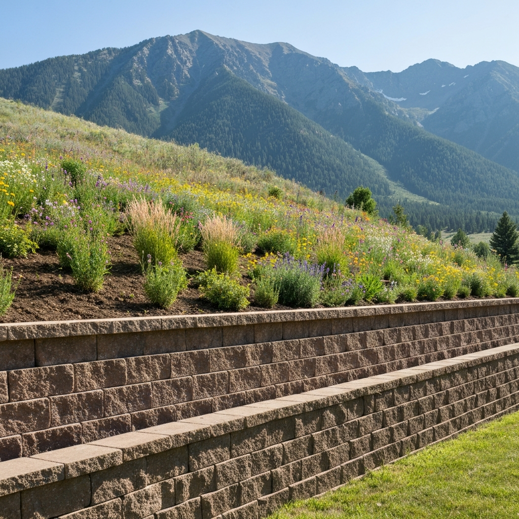 A well-built terraced segmental-block retaining wall in a Montana landscape with a planted slope and mountain backdrop