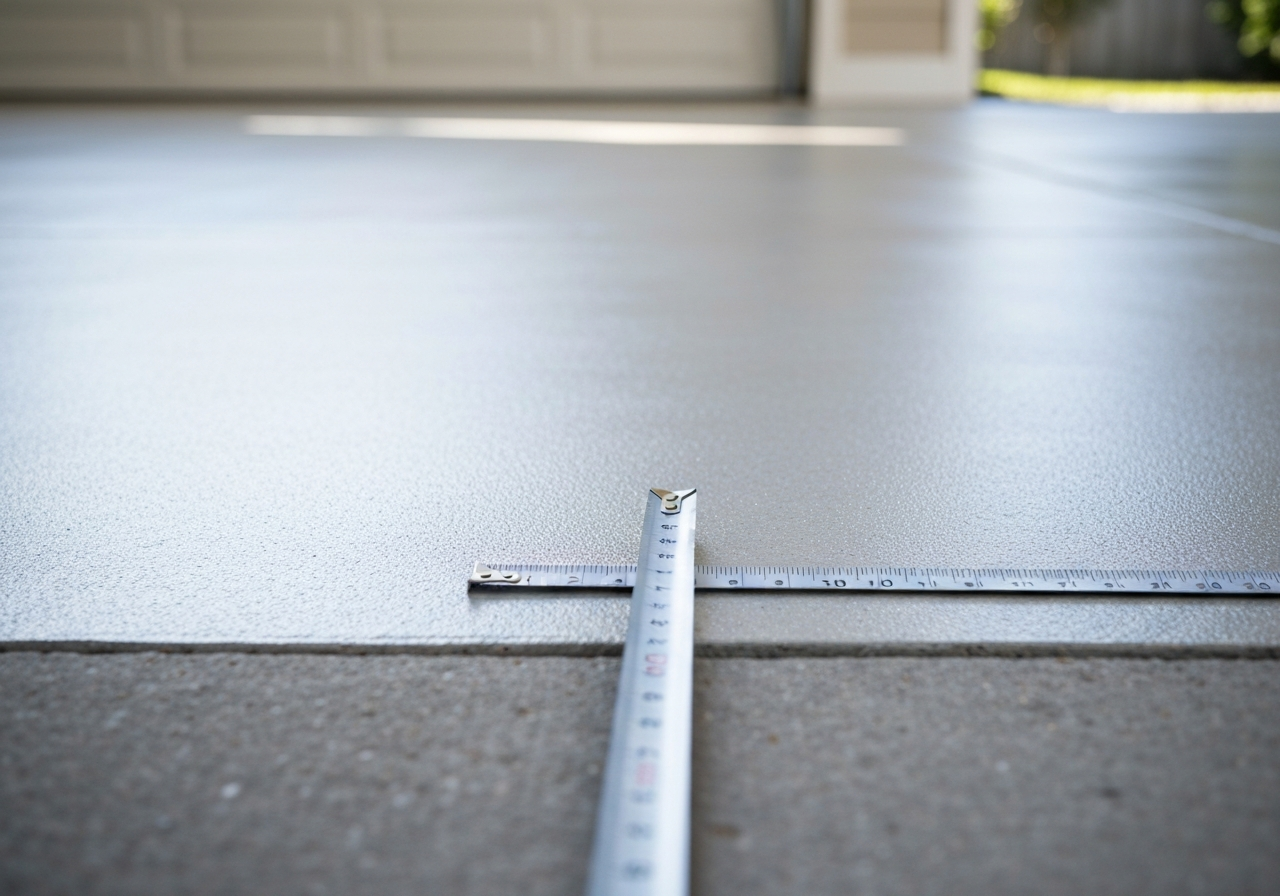 Freshly coated two-car garage floor with a tape measure resting near the edge