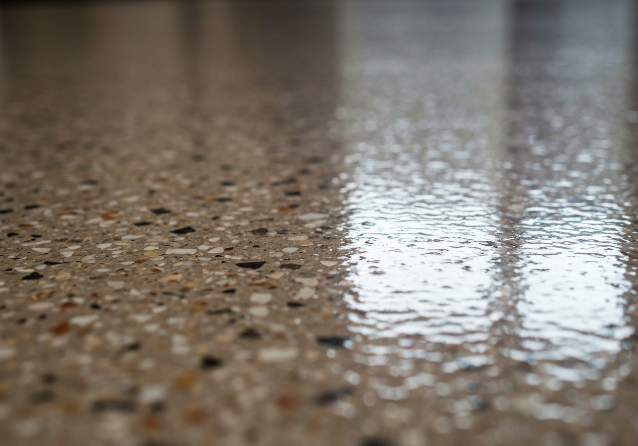 Macro of a multi-tone full-broadcast flake floor under gloss topcoat