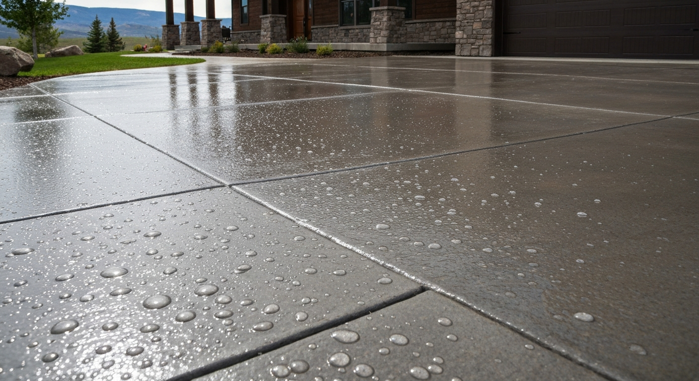 A clean broom-finished concrete driveway being sealed, water beading on the surface, Montana home