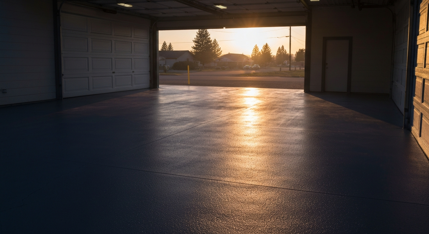 Clean, freshly coated garage floor in Polson MT at dusk