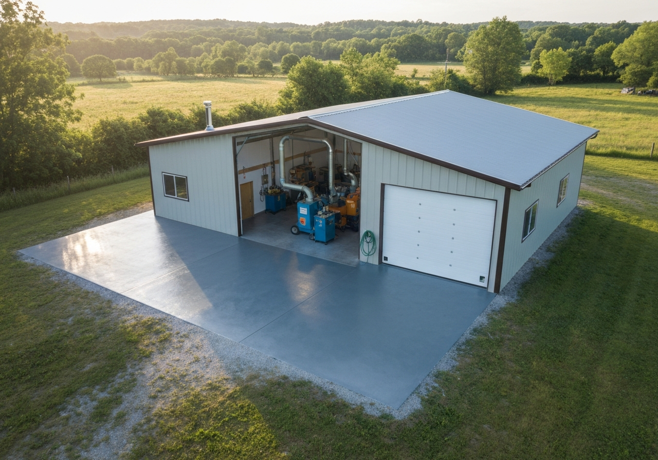 Rural detached shop with coated gray floor and equipment inside