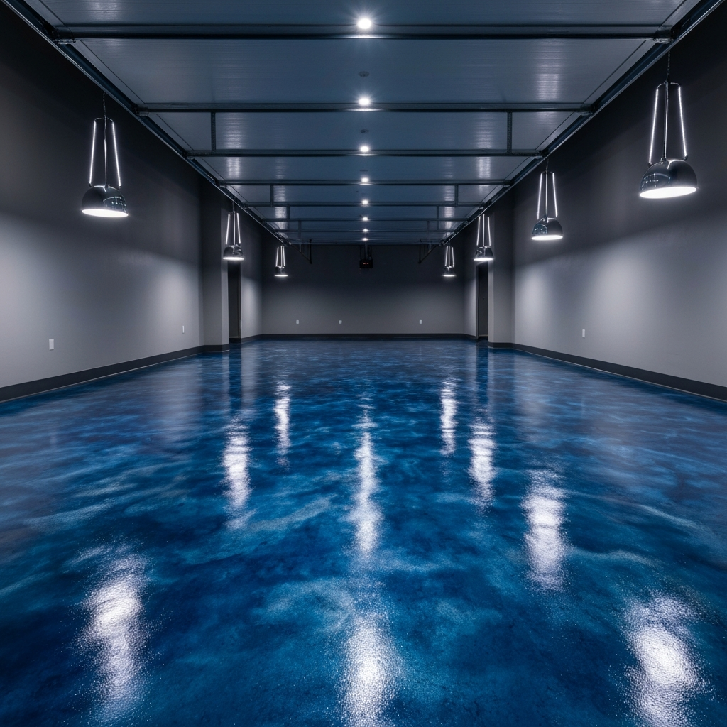 Dramatic evening interior of a showroom-style finished garage with a deep blue-and-silver metallic epoxy floor reflecting pendant lighting