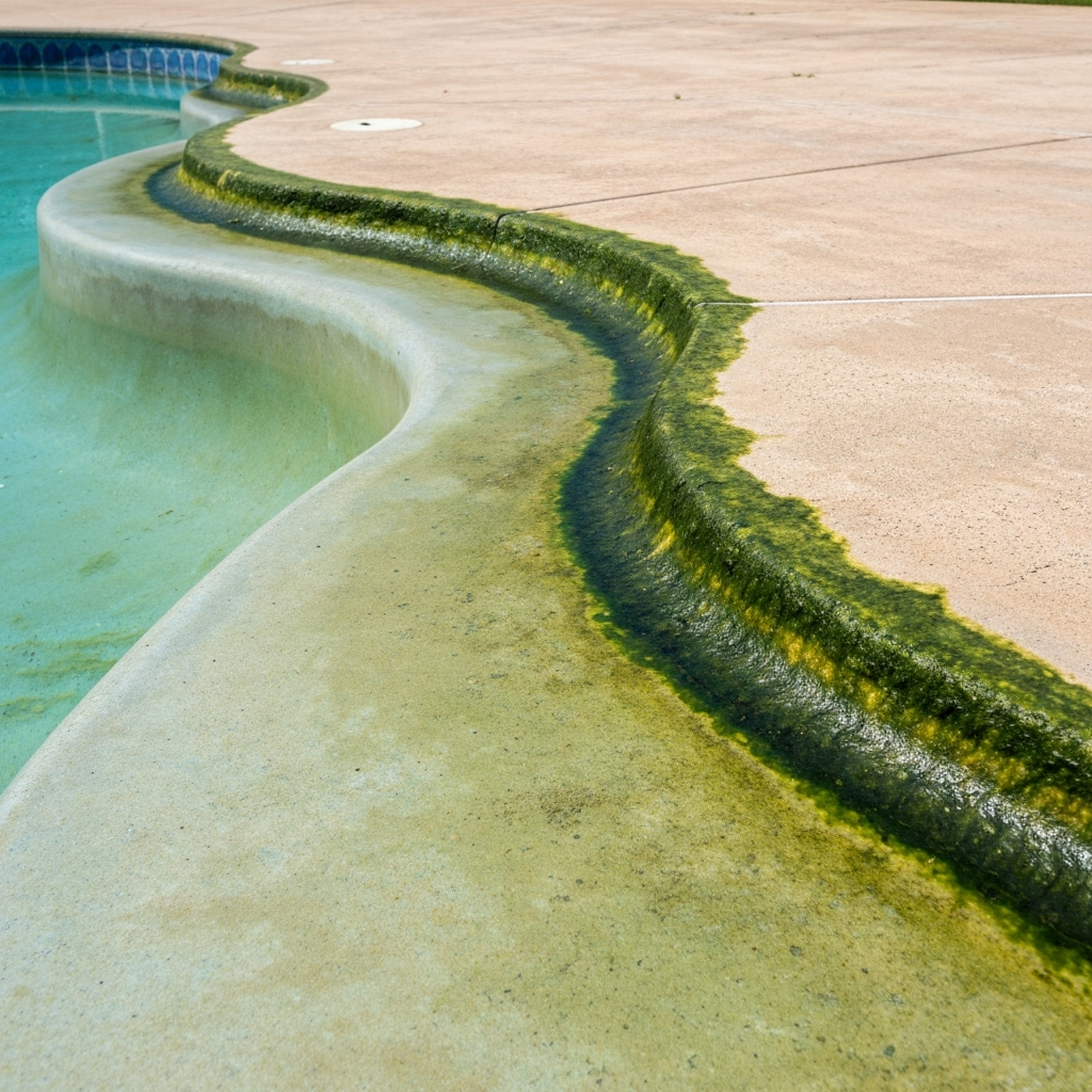 Worn bare concrete pool deck with surface pitting and algae staining at the waterline edge