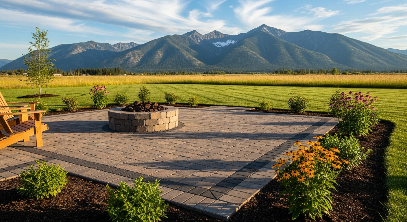 Finished paver patio in a Flathead Valley backyard with mountain backdrop