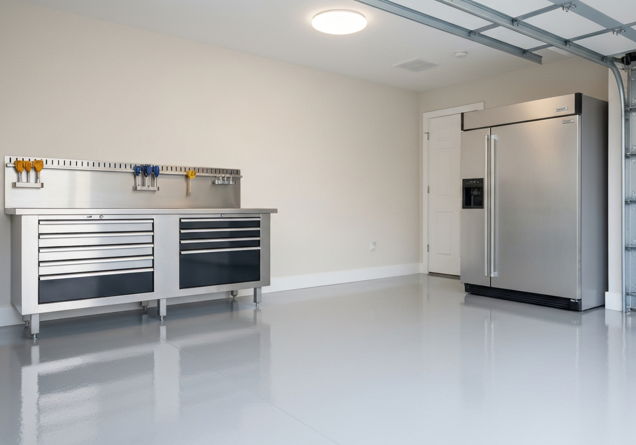 Epoxy garage with workbench and freezer