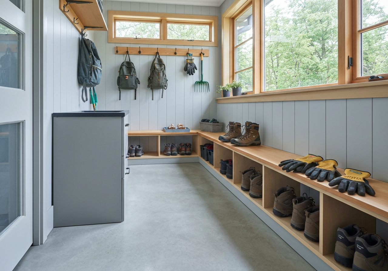 Tidy mudroom/utility room with a coated concrete floor and boots/gear