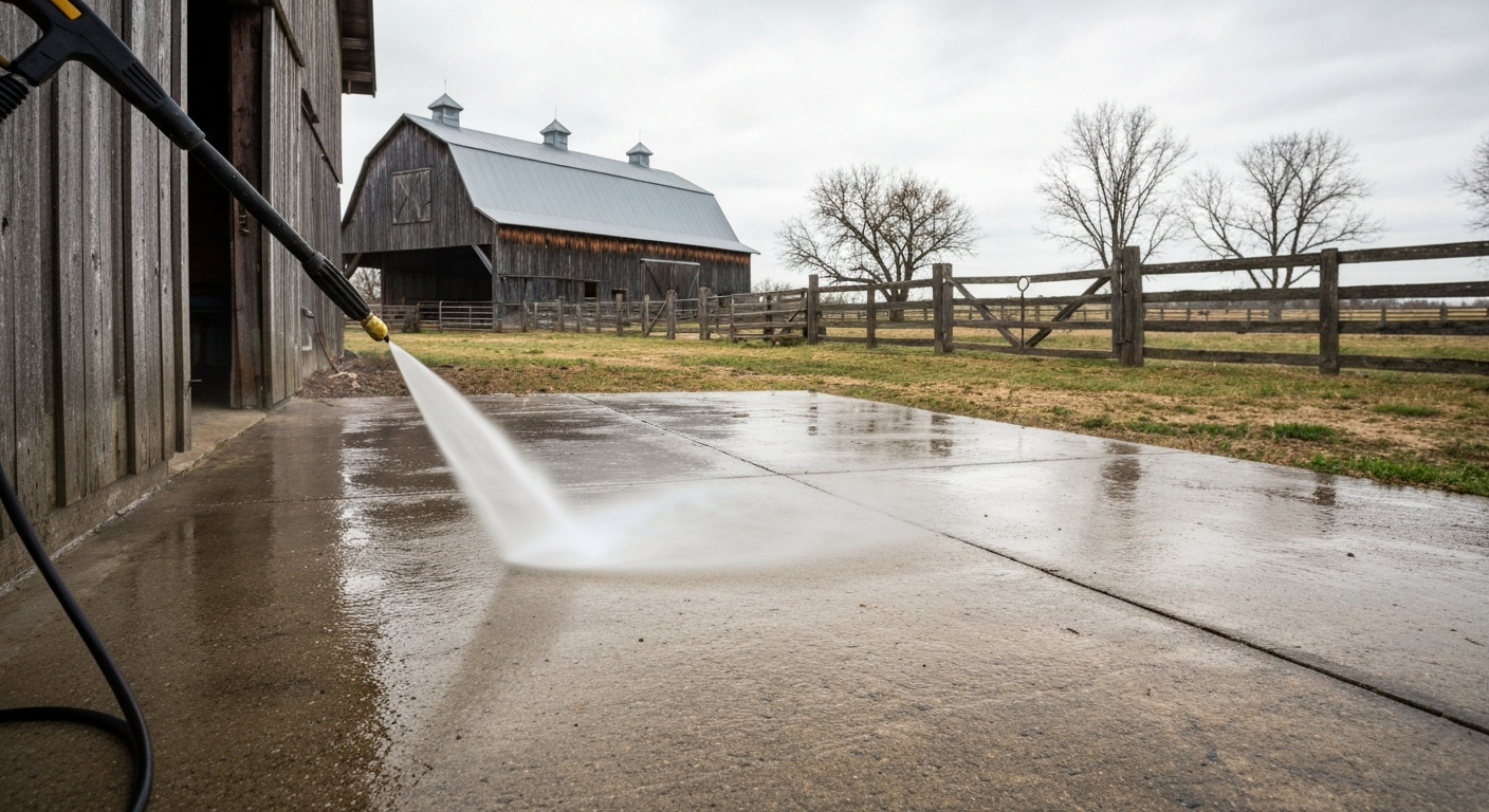Pressure washer cleaning weathered concrete at a rural property