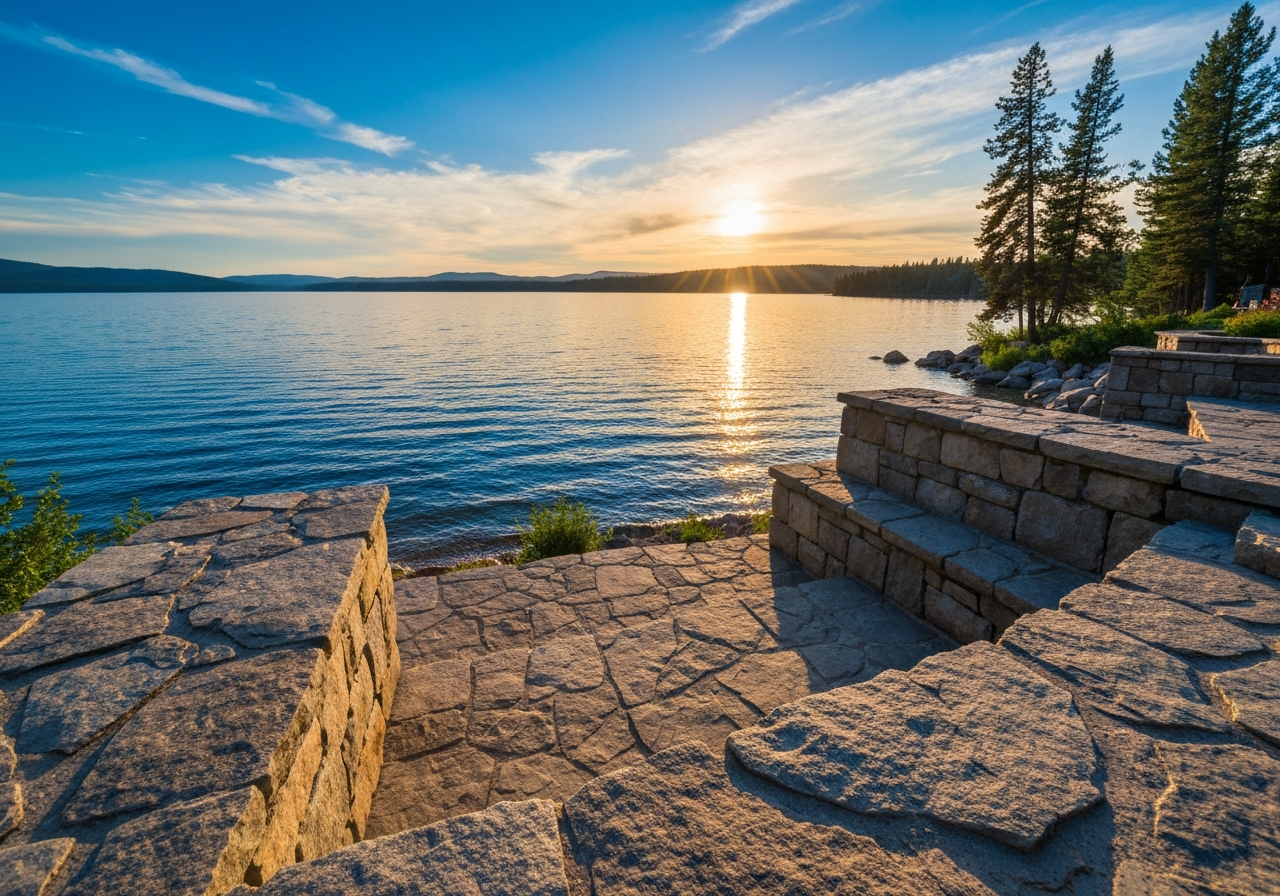 Lakeshore stone terrace overlooking Flathead Lake