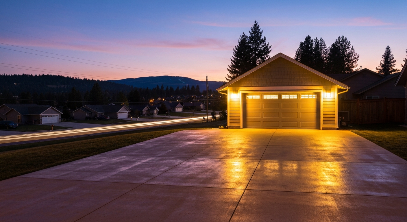 Dusk over an Evergreen neighborhood, warm garage light over a glossy coated floor, US 2 corridor lights in the distance
