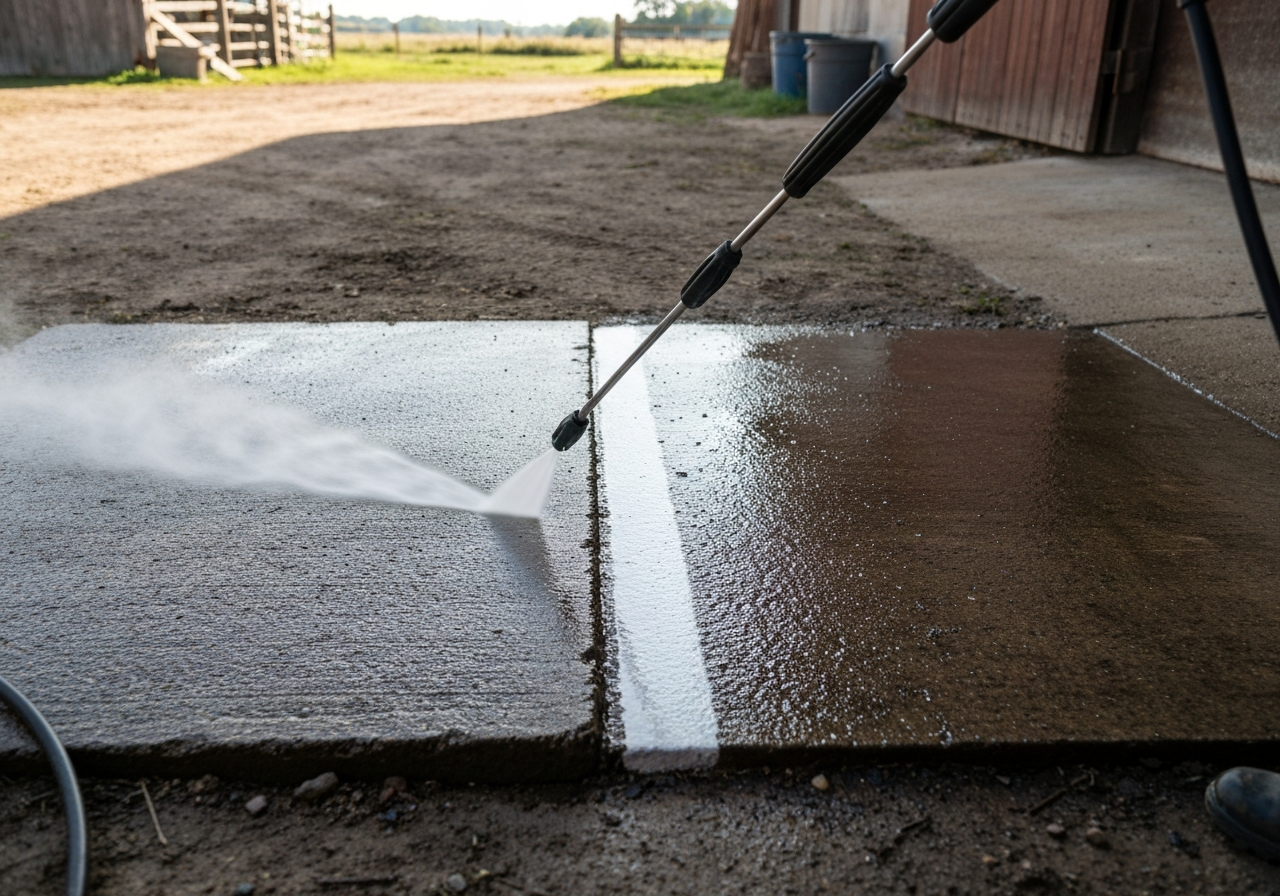 Pressure washer cleaning a concrete slab at a rural property