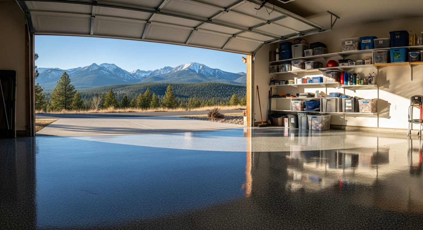 Finished glossy flake-coated garage floor in a clean residential garage with open door to a bright Northwest Montana driveway