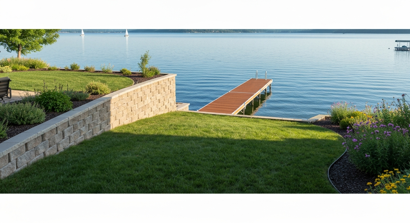 Tidy Montana lake-home yard with retaining wall and landscaped dock approach