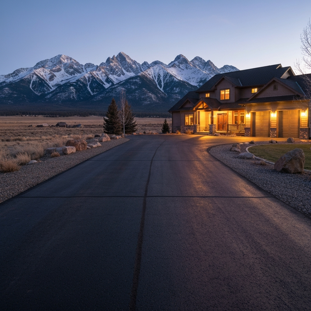 Golden-hour Montana driveway, evenly sealed and spotless, leading to a warm-lit home with snowy peaks behind