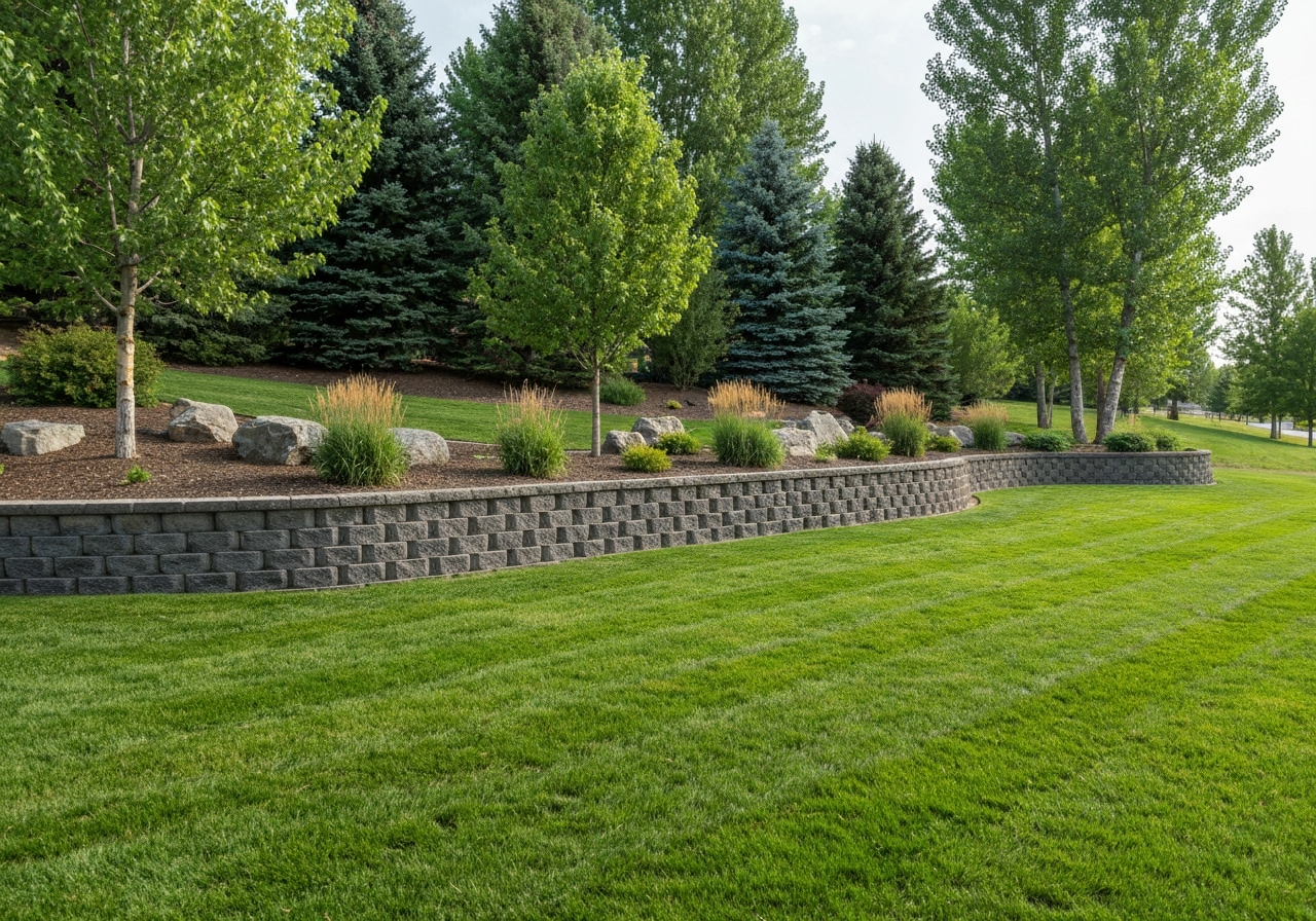 Well-landscaped yard with retaining wall