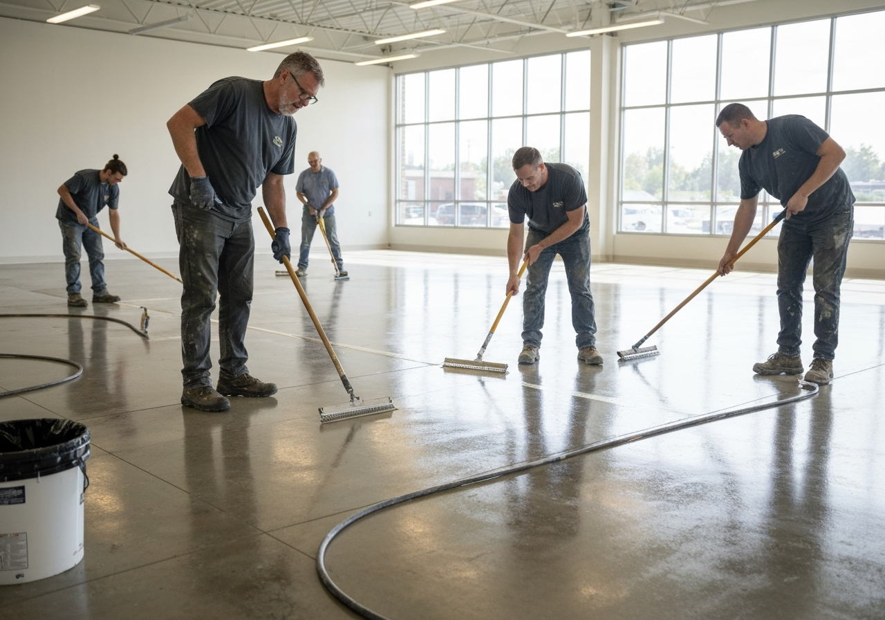 Coating crew applying a commercial floor coating system over prepped concrete in a Missoula commercial building