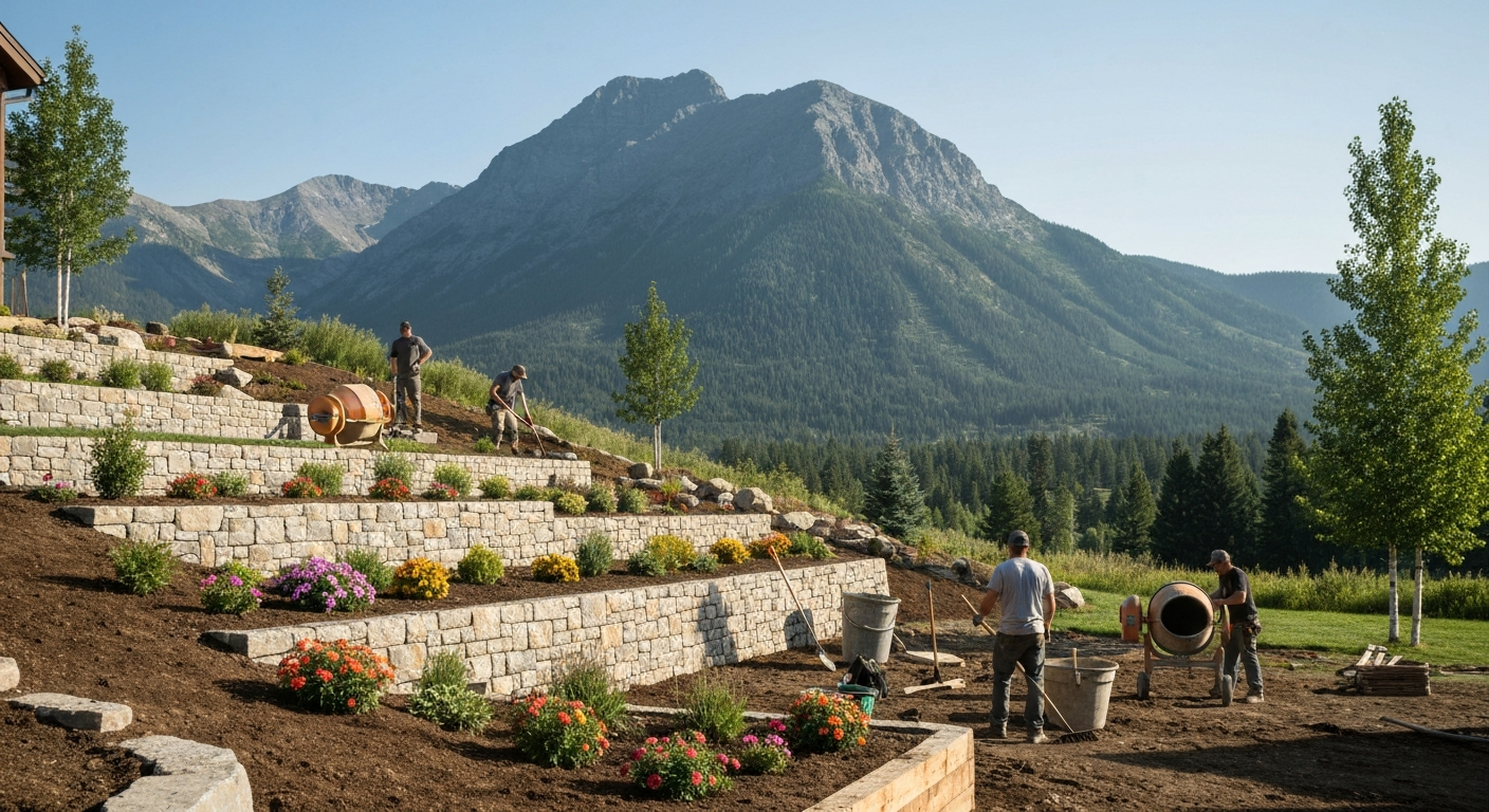 Photorealistic image of a landscaping crew working on a mountain home yard in Whitefish, MT — terraced slope, retaining walls, Big Mountain backdrop