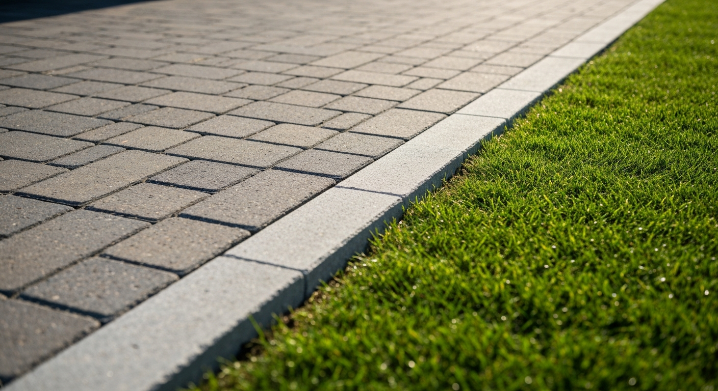 Finished paver patio with crisp edge restraint beside a green lawn