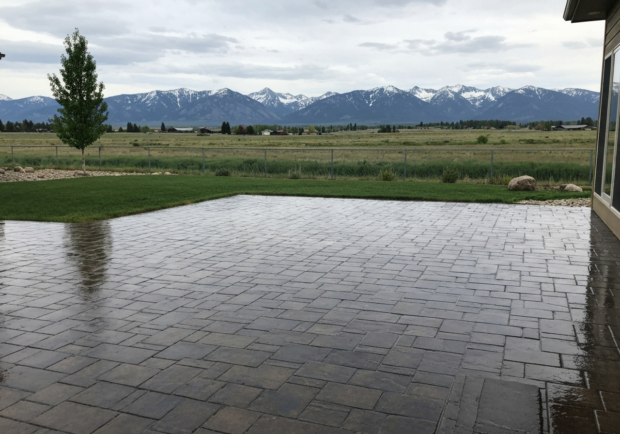Richly sealed wet-look paver patio with Montana backyard and mountains behind