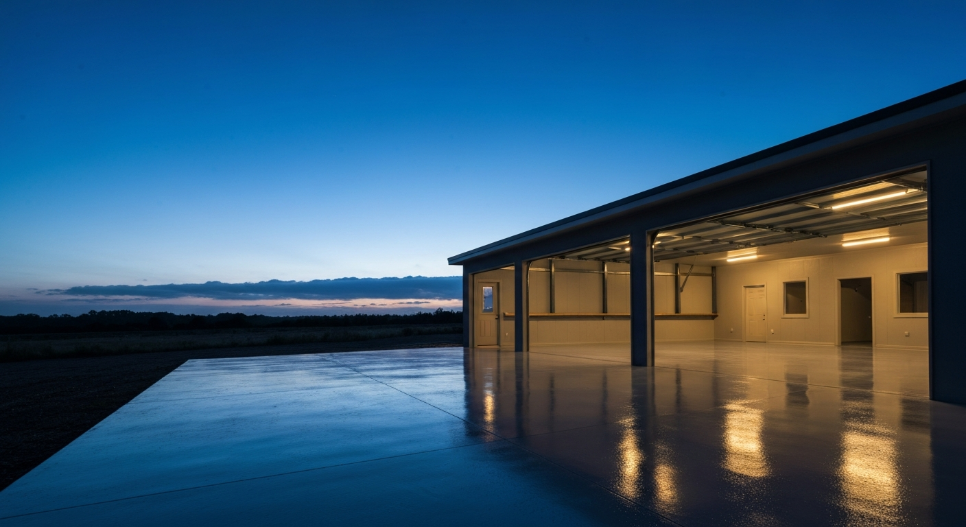 Wide dusk shot of a three-car garage with doors open, glossy gray epoxy floor reflecting the warm interior lighting