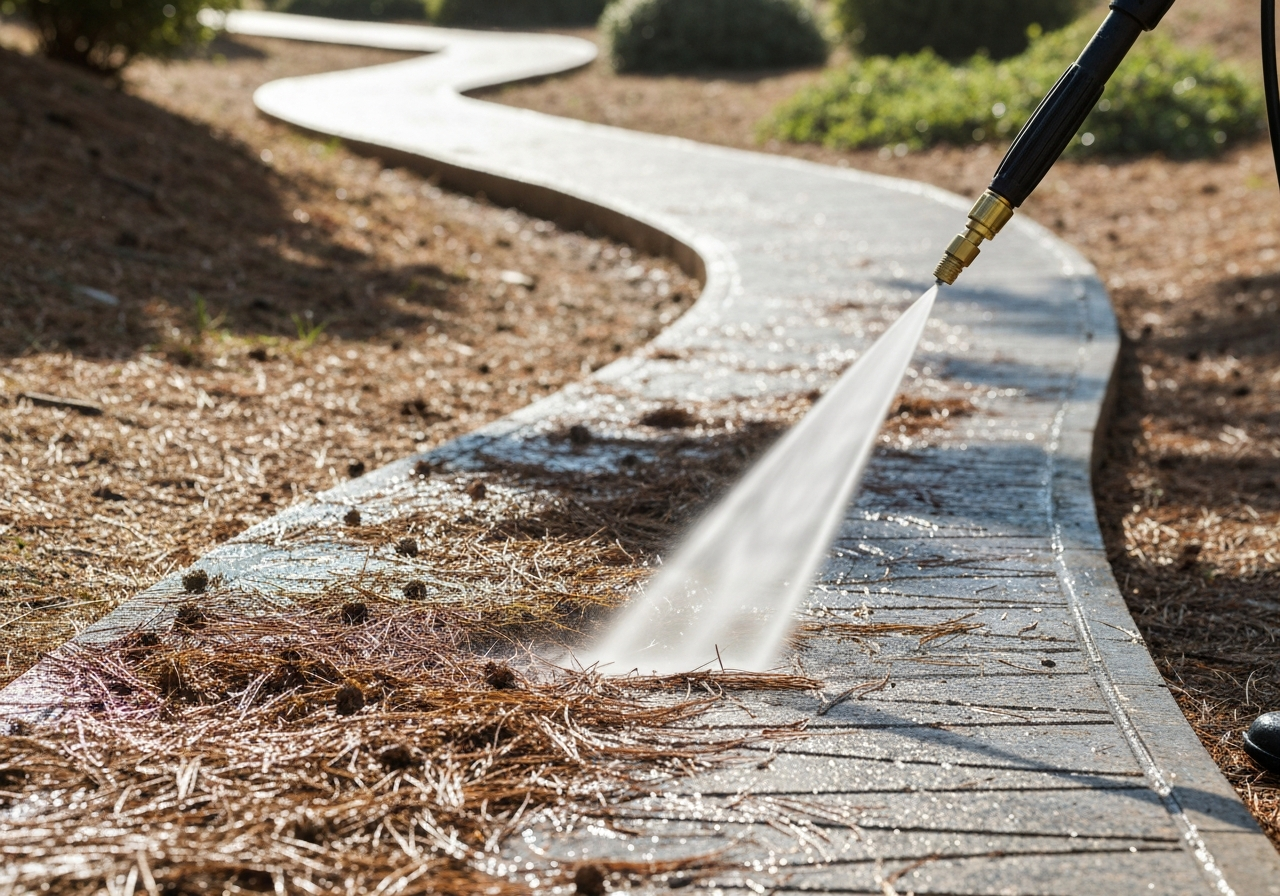 Pressure washer clearing pine debris from a slope walkway