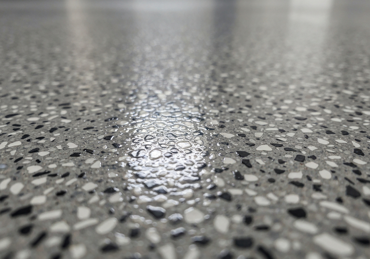 Tight macro close-up of a gray/black/white full-broadcast flake floor texture