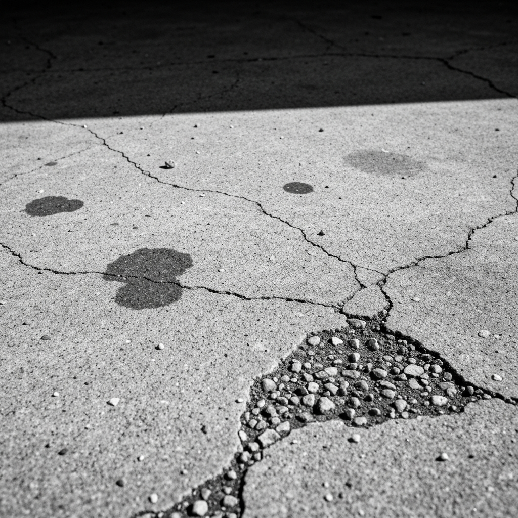 Older Kila pole-barn shop slab with dusting, cracks, oil staining, and gravel grit tracked in from a rural driveway