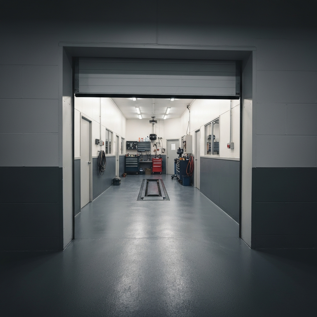 Small commercial service bay with coated floor