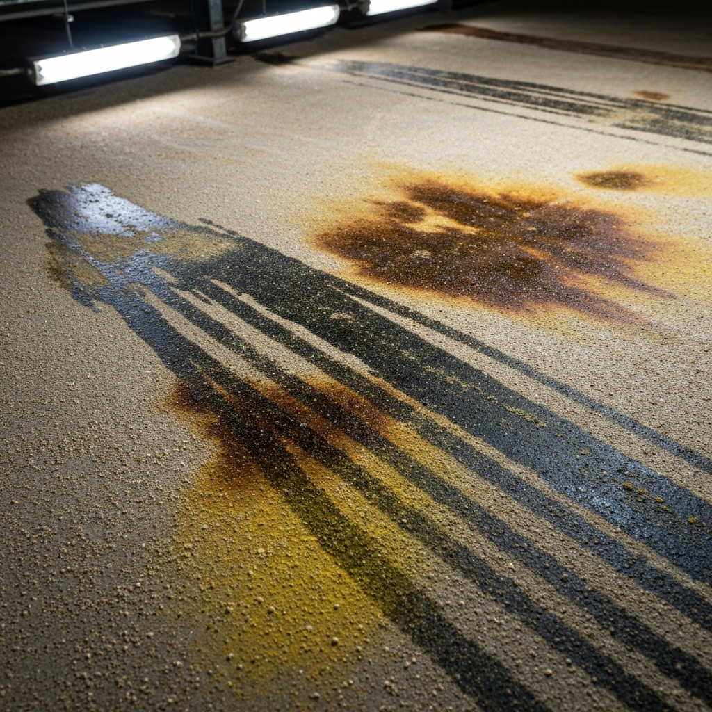 Close-up of a farm shop concrete floor showing oil absorption, fertilizer staining, and surface dusting under overhead shop lighting