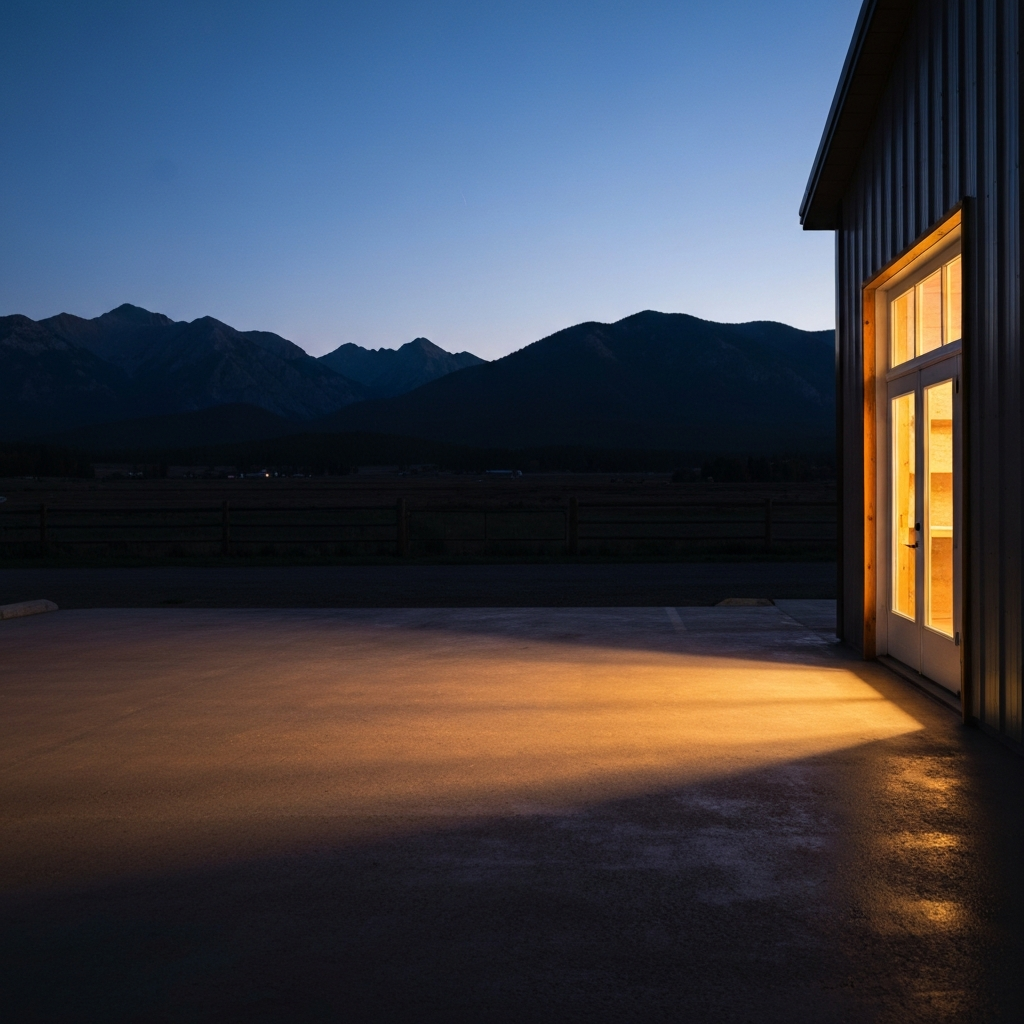 Dusk over the Mission Valley, warm light from a farm shop bay over a freshly coated floor