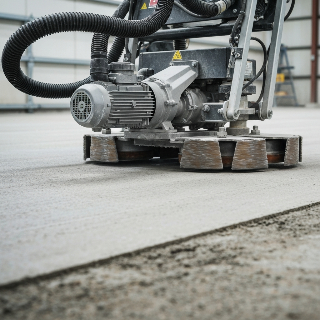 Dust-controlled diamond grinding machine surface-prepping a bare concrete garage slab