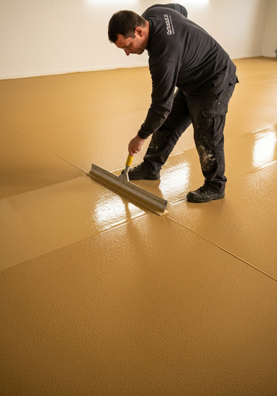 Technician applying a clear glossy topcoat with a squeegee across a fresh tan flake-broadcast garage floor