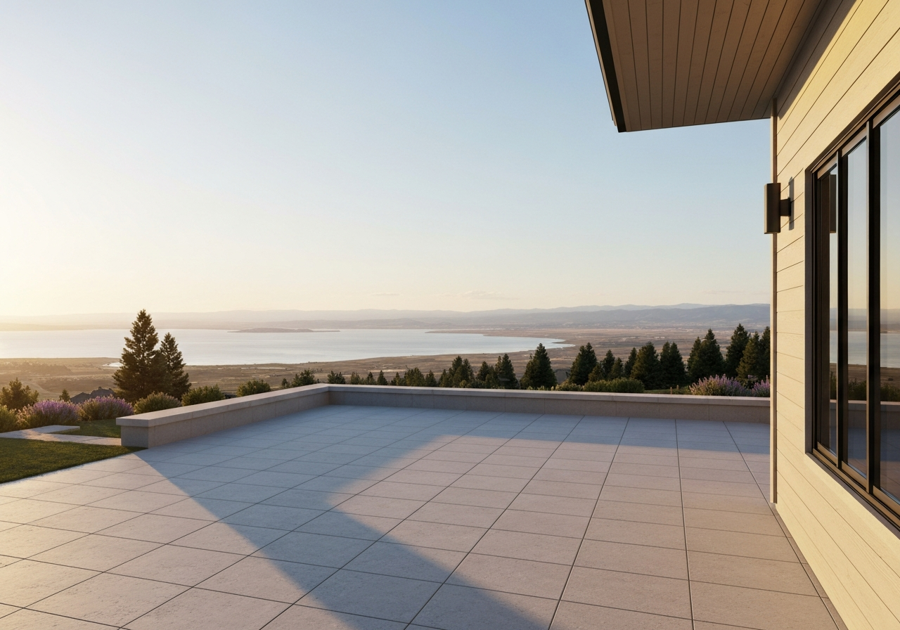 Lake-view paver patio freshly sealed with a wet-look finish