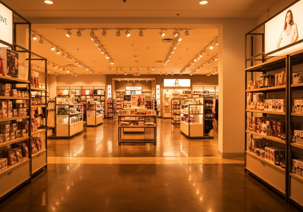 Downtown retail floor in warm light