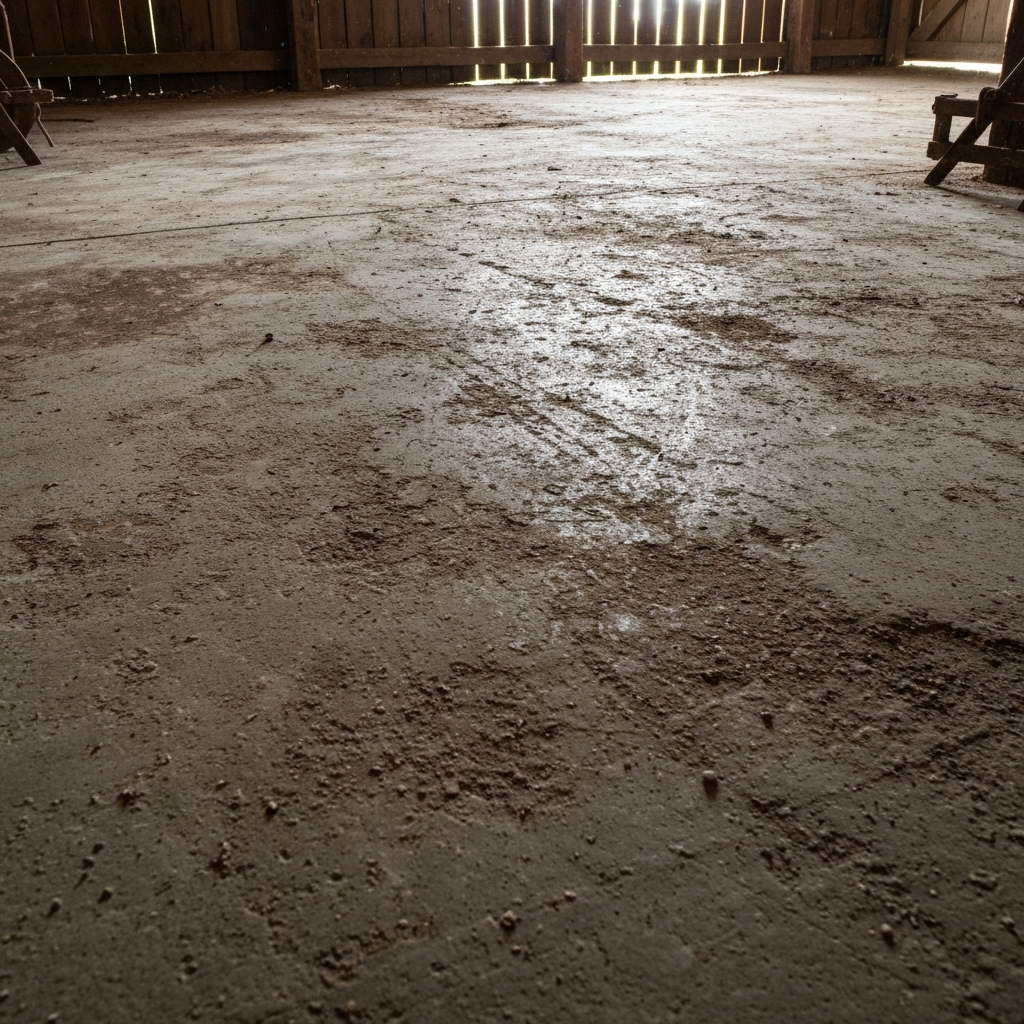 Worn, dusty, and stained concrete floor in a rustic farm shop or barn