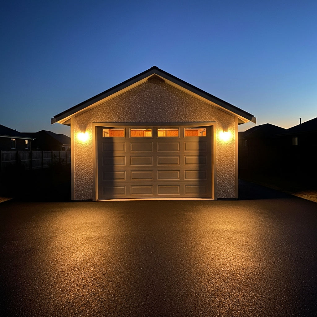 Finished flake-coated garage glowing warm from inside at dusk
