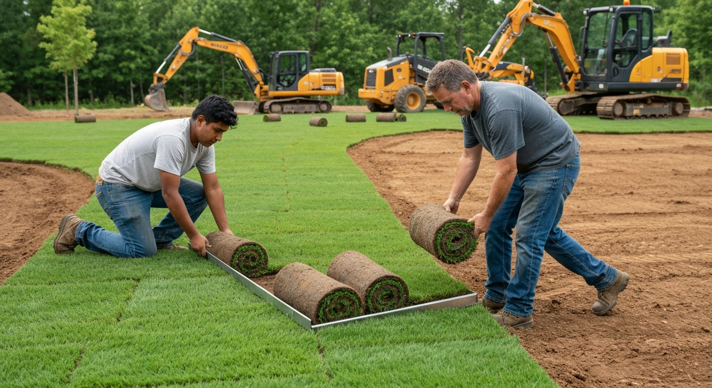 Landscaping crew grading soil and installing sod rolls on a Kalispell yard