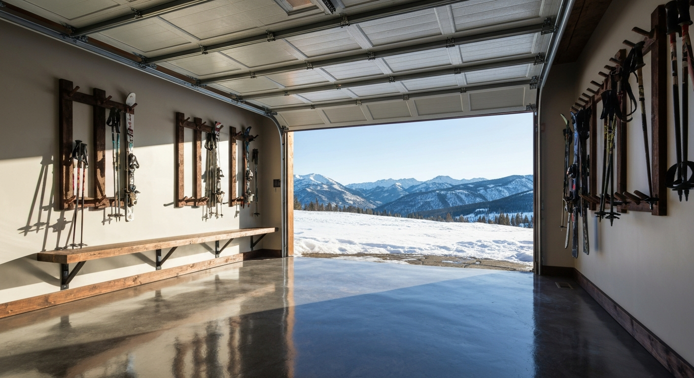 Heated mountain-home garage with a glossy full-flake coated floor, ski racks and gear bench along the wall, snowy Big Mountain visible through the open door